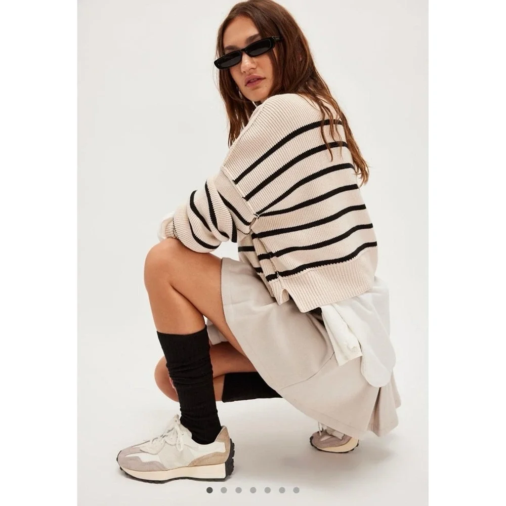 Free People Easy Street Striped Crop Sweater Cream‎ Black Knit Womens Small
